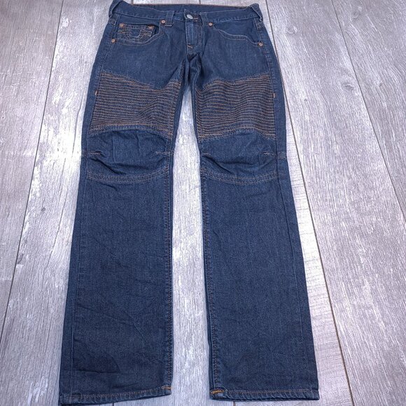 True Religion Jeans Mens 32x34 Blue Moto Slim Fit Run Stitch Denim Mid Rise - Picture 2 of 10